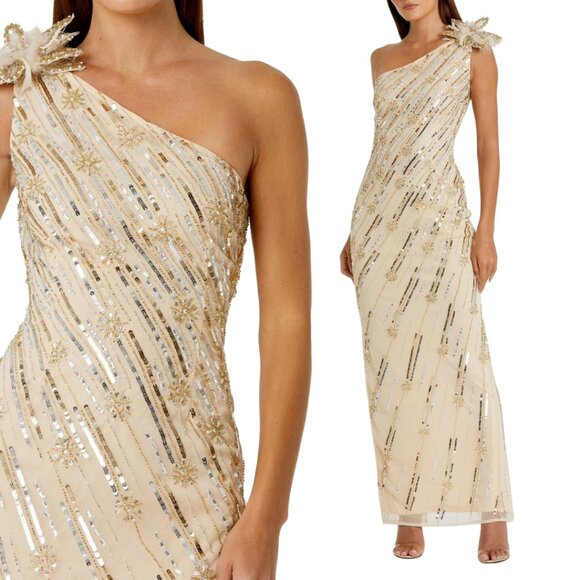 Mac Duggal 93739 Womens Size 6 Gold Floral One Shoulder Flower Gown Maxi Dress - Picture 1 of 4